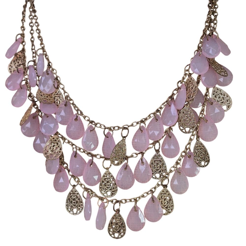 Vintage Necklace Pale Pink Teardrop Bead on Multi Gold Tone Chain 19 Inch